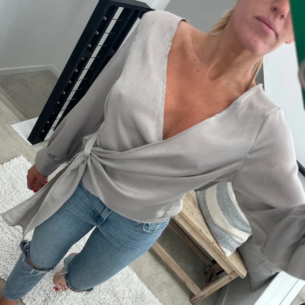 Miss love silver gray wrap long sleeve v neck blouse top business casual NWT M - Picture 5 of 15